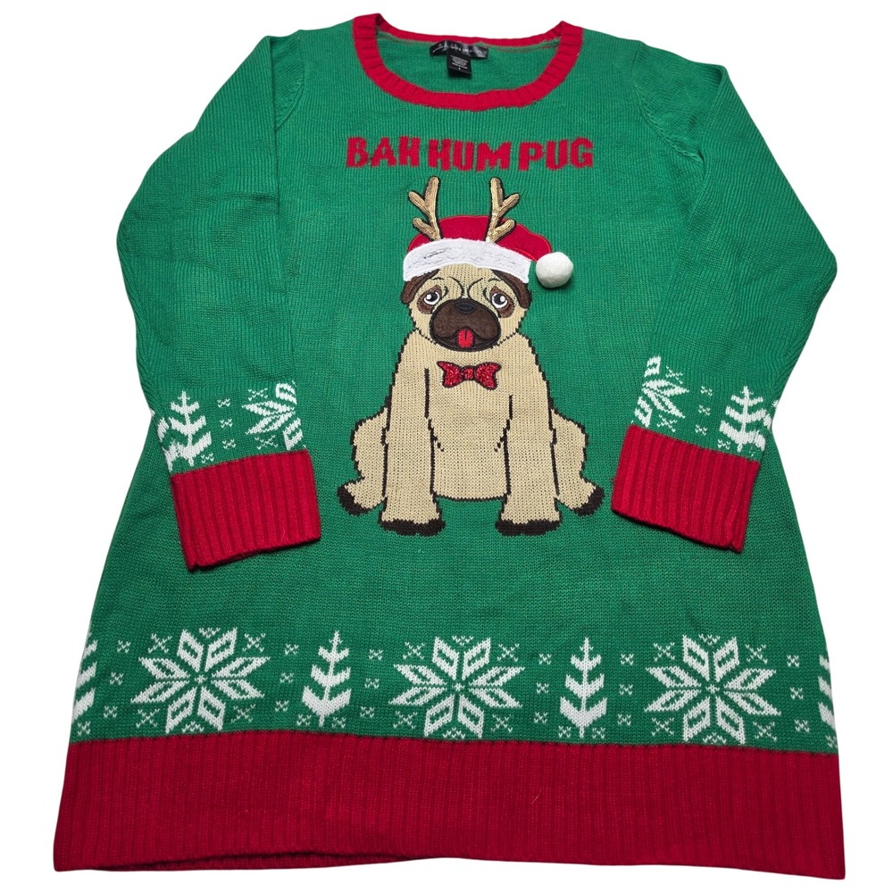 United States Sweaters Bah Hum Pug Christmas Sweater Dress Green Red Large
